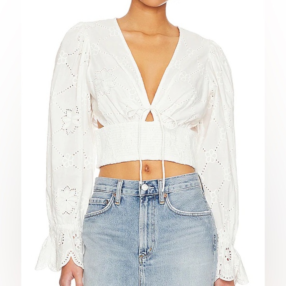 Cleobella Clementine Blouse White Cropped Long Sleeve Eyelet Cut Out Top Small